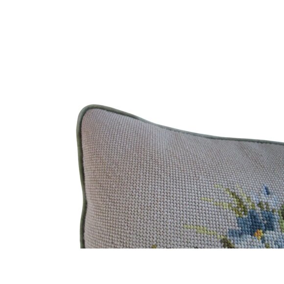 Vintage Floral Needlepoint Throw Pillow Gray Green Velvet Back Handcrafted GUC - Picture 8 of 16